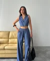 TENCEL CROP KOLSUZ GÖMLEK - PANTOLON TAKIM - İndigo