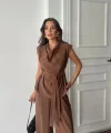 TENCEL MODAL KOLSUZ BLUZ KAPALI CEP DETAYLI DÖKÜMLÜ - PANTOLON TAKIM - Kahverengi