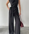 TENCEL MODAL KOLSUZ BLUZ KAPALI CEP DETAYLI DÖKÜMLÜ - PANTOLON TAKIM - Siyah