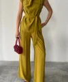 TENCEL MODAL KOLSUZ BLUZ KAPALI CEP DETAYLI DÖKÜMLÜ - PANTOLON TAKIM - Yağ Yeşili