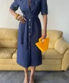 TENCEL ÖNDEN DÜĞMELİ KISA KOL ELBİSE - Mavi