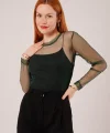 Transparan Yeşil Tül Basic Bluz