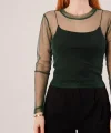 Transparan Yeşil Tül Basic Bluz