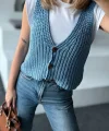Triko Kolsuz Düğmeli Yelek - Mavi