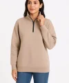 Üç İplik Dık Yaka Yarım Fermuarlı SweatShirt - Bej