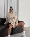 Üç İplik Kapşonlu Baskılı SweatShirt - Bej