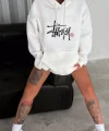 Üç İplik Kapşonlu Baskılı SweatShirt - Beyaz