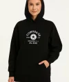 Kadın Kapşonlu Sweatshirt – Üç İplik Şardonlu Kumaş, Oversize Fit, Ön & Arka Baskılı, Kanguru Cepli, Kışlık Rahat Hoodie- Siyah