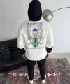 Üç İplik Kapşonlu Parçalı Baskılı SweatShirt - Beyaz