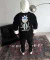 Üç İplik Kapşonlu Parçalı Baskılı SweatShirt - Siyah
