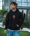 Üç İplik Kapüşonlu Baskılı Oversize SweatShirt- Siyah