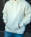 Üç İplik Penye Kapşonlu Basic SweatShirt - Beyaz
