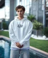 Üç İplik Penye Kapşonlu Baskılı SweatShirt - Beyaz