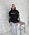 Üç İplik Uzun Kol Kapüşonlu Baskılı SweatShirt - Siyah