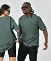 Unisex Basic Bisiklet Yaka Oversize T-Shirt - Haki