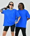 Unisex Basic Bisiklet Yaka Oversize T-Shirt - Mavi