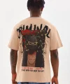 Unisex Baskılı Oversize T-Shirt - Bej