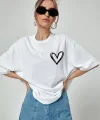 Unisex Baskılı Oversize T-Shirt - Beyaz
