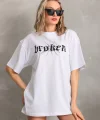 Unisex Baskılı Oversize T-Shirt - Beyaz