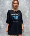 Unisex Baskılı Oversize T-Shirt - Siyah