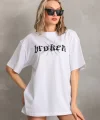 Unisex Baskılı Oversize Thirt  Beyaz