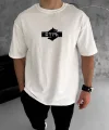 Unisex Bisiklet Yaka Baskılı Double Oversize T-Shirt - Beyaz
