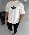 Unisex Bisiklet Yaka Baskılı Double Oversize T-Shirt - Beyaz