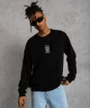 Unisex Bisiklet Yaka Baskılı Oversize Sweatshirt - Siyah