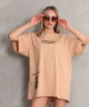 Unisex Bisiklet Yaka Baskılı Oversize T-Shirt - Bej