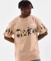 Unisex Bisiklet Yaka Baskılı Oversize T-Shirt - Bej