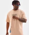 Unisex Bisiklet Yaka Baskılı Oversize T-Shirt - Bej