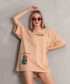 Unisex Bisiklet Yaka Baskılı Oversize T-Shirt - Bej