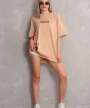 Unisex Bisiklet Yaka Baskılı Oversize T-Shirt - Bej