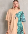 Unisex Bisiklet Yaka Baskılı Oversize T-Shirt - Bej