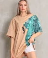 Unisex Bisiklet Yaka Baskılı Oversize T-Shirt - Bej