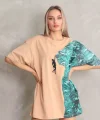 Unisex Bisiklet Yaka Baskılı Oversize T-Shirt - Bej