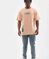 Unisex Bisiklet Yaka Baskılı Oversize T-Shirt - Bej