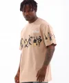 Unisex Bisiklet Yaka Baskılı Oversize T-Shirt - Bej