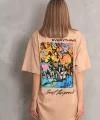 Unisex Bisiklet Yaka Baskılı Oversize T-Shirt - Bej