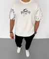 Unisex Bisiklet Yaka Baskılı Oversize T-Shirt - Beyaz