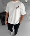 Unisex Bisiklet Yaka Baskılı Oversize T-Shirt - Beyaz
