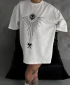 Unisex Bisiklet Yaka Baskılı Oversize T-Shirt - Beyaz