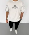 Unisex Bisiklet Yaka Baskılı Oversize T-Shirt - Beyaz