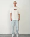 Unisex Bisiklet Yaka Baskılı Oversize T-Shirt - Beyaz