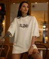 Unisex Bisiklet Yaka Baskılı Oversize T-Shirt - Beyaz