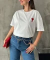 Unisex Bisiklet Yaka Baskılı Oversize T-Shirt - Beyaz