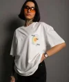 Unisex Bisiklet Yaka Baskılı Oversize T-Shirt - Beyaz
