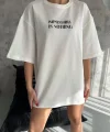 Unisex Bisiklet Yaka Baskılı Oversize T-Shirt - Beyaz