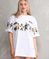 Unisex Bisiklet Yaka Baskılı Oversize T-Shirt - Beyaz