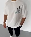 Unisex Bisiklet Yaka Baskılı Oversize T-Shirt - Beyaz